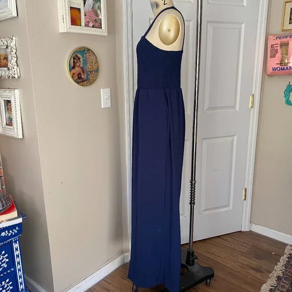 ROUGE Navy Blue Smocked chest Stretch Wide-Leg Romper Jumpsuit *LARGE* - Picture 3 of 6